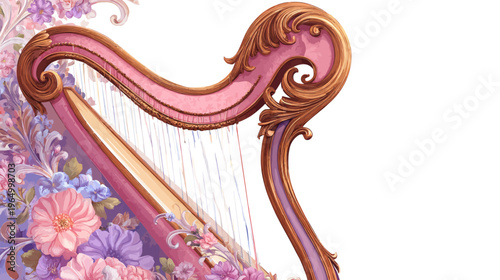 Watercolor illustration of a pink harp with gold trim and strings, framed by colorful flowers