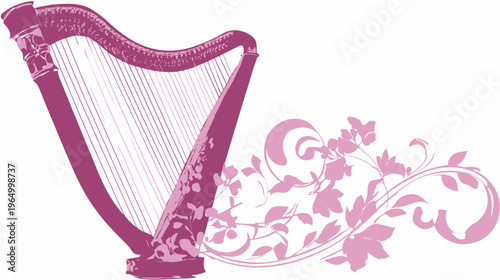 A musical instrument, the harp, with floral accents, in tones of purplish pink against white