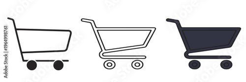 A set of three simple shopping cart icons in different line styles and colors on a white background