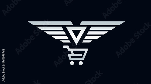 A stylized icon featuring an avian form composed of wings, a triangle, and a shopping cart element