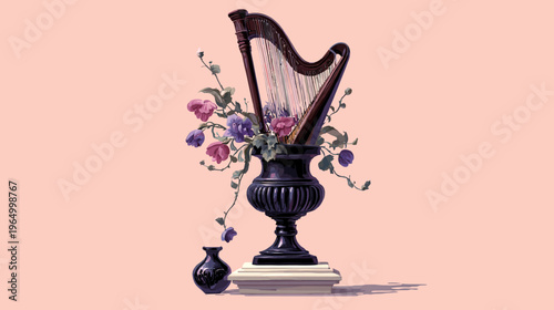 A digitally rendered image of a harp with flowers, in a vase on a pink background