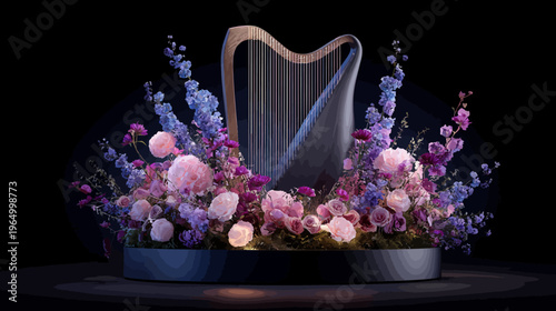 A floral arrangement features a harp amidst blooms in varying shades of purple and pink