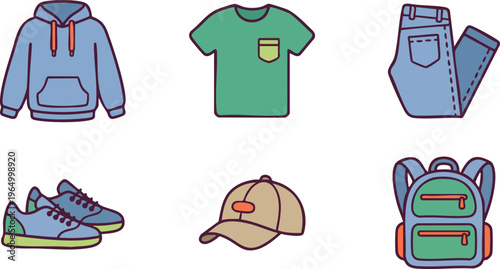 A collection of casual clothing and accessories including a hoodie, t-shirt, jeans, sneakers, cap, and backpack, depicted in a simple, colorful illustration style.