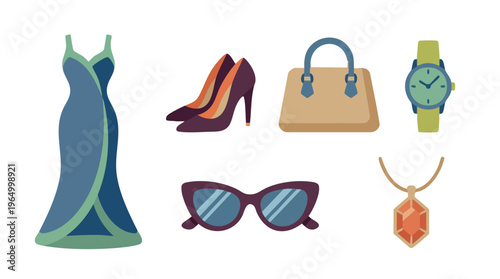 A collection of women's fashion accessories including a dress, high heels, handbag, watch, sunglasses, and a necklace.