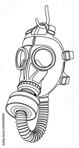 Detailed monochrome line drawing of a vintage gas mask with a breathing tube and filter, perfect for illustrations, safety warnings, historical presentations, or graphic design projects.