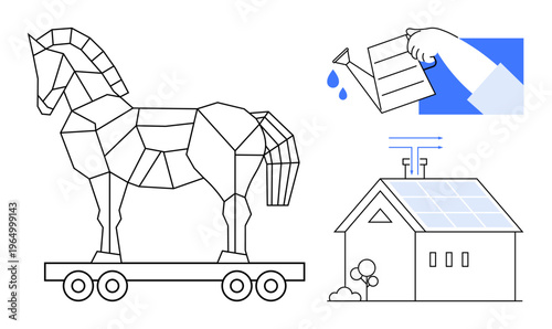 Cybersecurity, energy efficiency, renewable technology, sustainability, digital threats, environmental awareness. Trojan horse, watering can and solar-paneled house. Cybersecurity and sustainability