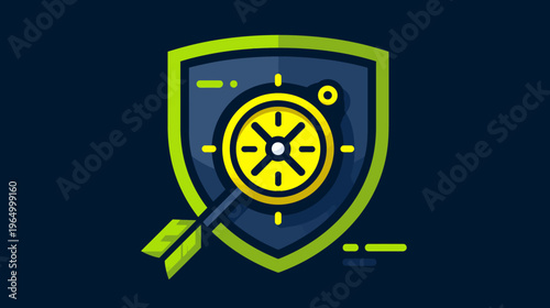 A shield icon features a target with an arrow piercing it. The shield is outlined in green
