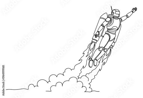 A futuristic robot equipped with a jetpack soaring into the sky, symbolizing innovation, rapid progress, and ambitious future endeavors for technology and business applications.