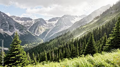 A serene mountain landscape with lush greenery and snow-capped peaks under cloudy skies