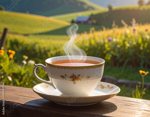 A serene countryside scene with a steaming cup of tea