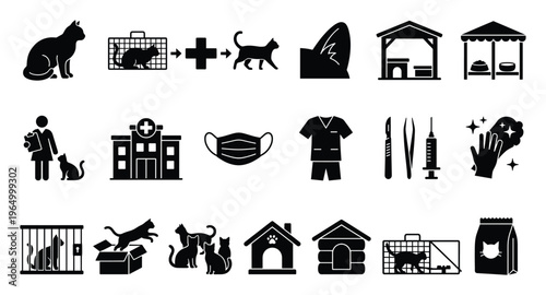 Comprehensive set of cat and veterinary care icons depicting animal health, pet housing, medical procedures, and pet welfare for educational resources and animal clinic promotions.