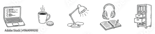 Workspace productivity tools including a laptop, hot coffee, desk lamp, headphones, notebook, and filing cabinet, ideal for illustrating study and office concepts.