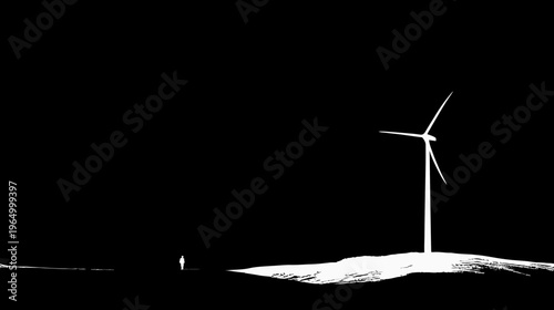 Black and white silhouette of a wind turbine on a hill with a person in the distance