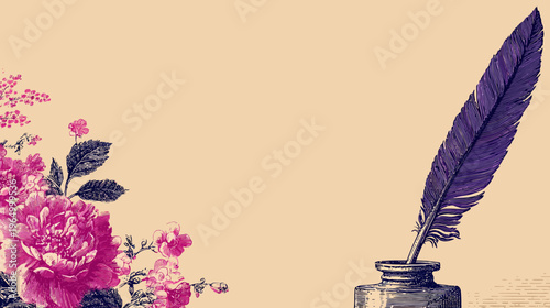 Artistic vintage composition with floral elements and an ink quill, on a beige backdrop