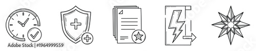 Hand drawn doodle line icons representing time completion, health security, important documents, energy power, and strategic direction, excellent for business concept visual aids and