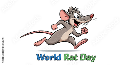 A cheerful cartoon rat runs with excitement on World Rat Day, with colorful vector illustrations and a design celebrating pet rat appreciation against a clean white background.