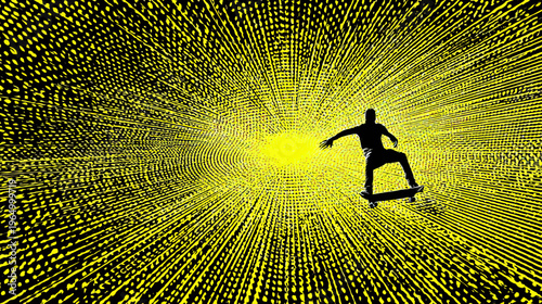 Silhouette of a skateboarder in motion against a radiant yellow and black background