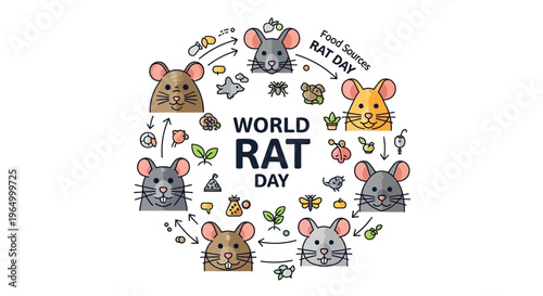 Vector illustration of a World Rat Day design featuring cartoon rats and various objects in a circular composition with a playful mood.