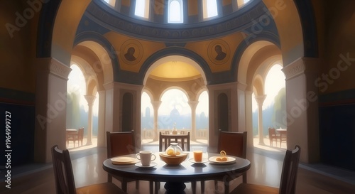 Interior of a restaurant with table and chairs.