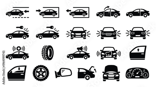 Comprehensive collection of automotive icons depicting car parking maneuvers, door and hood functions, tire components, security systems, and dashboard indicators for transportation