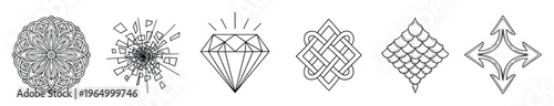 Line art symbols depicting a symmetrical flower, shattered effect, shining diamond, intricate knot, layered scales, and directional arrows for modern graphic design and decorative visual