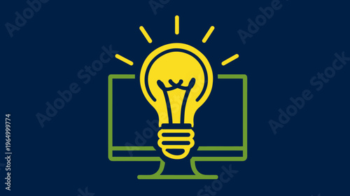 A yellow lightbulb is centered on a green framed computer screen, against a blue background