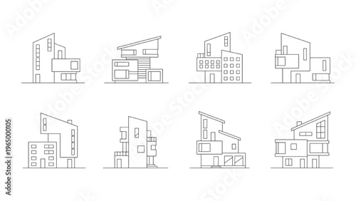 Collection of contemporary house designs in clean outline style for architecture projects
