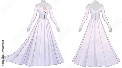 Illustration of a formal gown with a floral detail, showing front and back views