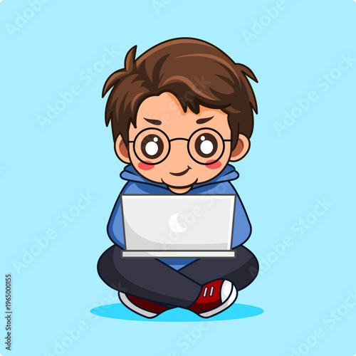 Cute Cartoon Boy Sitting and Working Seriously Using Laptop Vector Illustration