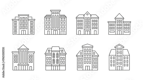 Collection of Outline Icons Representing Different Buildings