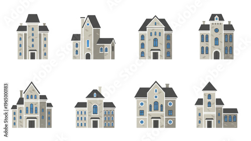 Collection of various architectural building facades and residential houses