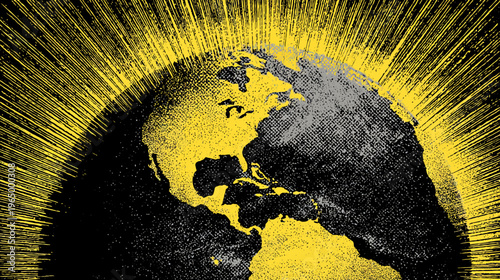 Artistic depiction of Earth with yellow and grey continents, surrounded by radiating lines