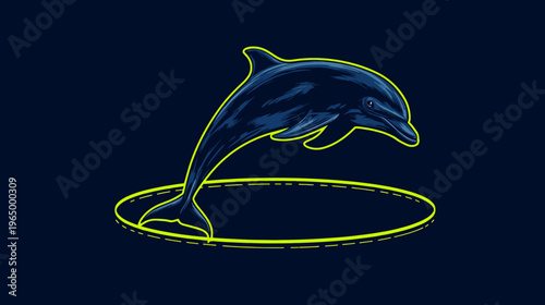 A stylized illustration depicting a leaping marine mammal outlined in bright yellow