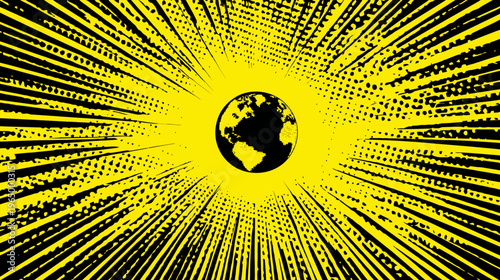 Graphic black and yellow illustration of the Earth, with rays of light radiating from it