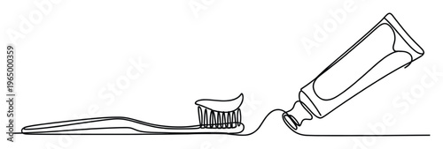 Continuous one line drawing portraying a modern toothbrush with toothpaste being squeezed directly from its tube, perfect for dental hygiene awareness campaigns, oral health product