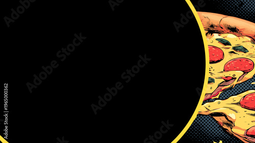 Comic book style illustration of a pizza slice with pepperoni and green leaves on a black background