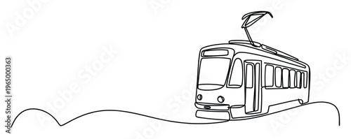 A captivating single continuous line drawing depicts a classic city tram gracefully navigating a dynamic wavy path, ideal for engaging public transportation narratives and modern urban