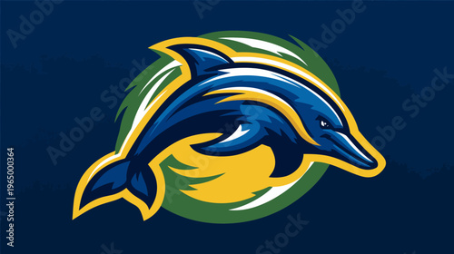 A stylized dolphin leaps within a circle, featuring shades of blue, yellow, green, and white