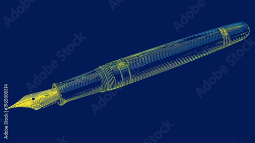 A detailed illustration of a classic writing instrument, in a contrasting color scheme, blue background