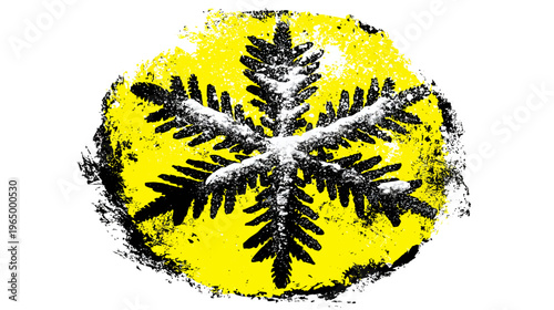Black fir tree with white snow on a textured, yellow background within a roughly circular frame