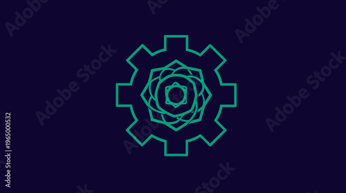 A geometric image featuring a teal gear surrounding a floral pattern on a dark blue background