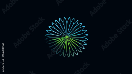 A geometric floral design with blue and green petals radiating from a central point on a black background