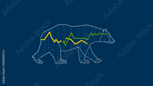 Stylized image of a bear with fluctuating financial lines inside. Against a dark blue background