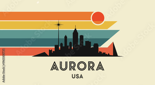Stylized digital illustration of the iconic silhouette of aurora and city skyline in retro color palette for a modern urban