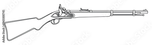 Vintage percussion cap rifle line drawing depicting an antique weapon used in wars suitable for history books and documentary visuals