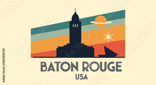 Stylized Vintage Illustration of the Baton Rouge Capitol Building with Sunset Sky in a Retro Minimalist Design
