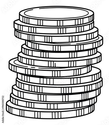 A black outline drawing of a tall, leaning stack of round metallic coins, symbolizing financial growth, accumulated wealth, and economic stability for business presentations and personal