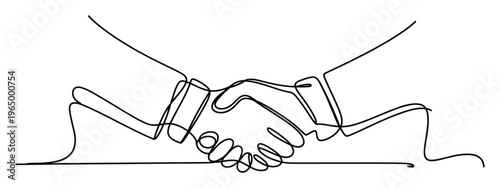 Single line drawing depicting two hands shaking firmly in agreement symbolizing strong partnership and successful collaboration for business projects and abstract conceptual representations