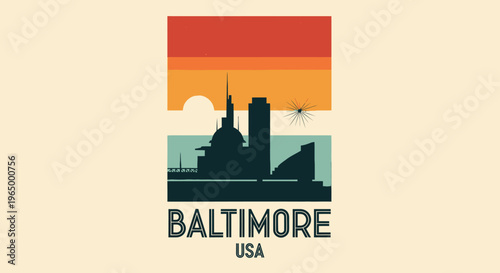 Vintage-inspired graphic of Baltimore city skyline featuring iconic landmarks against a stylized sunset background capturing