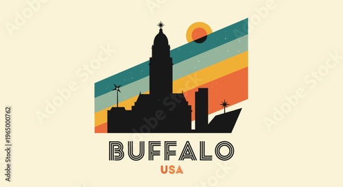 Stylized cityscape with sunset and vintage aesthetic representing Buffalo USA